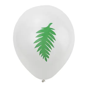 Tropical white latex balloon with a green palm leaf print for summer beach party decor