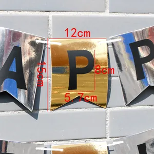 Mirror gold and silver Happy Birthday banner with metallic swallowtail card flags