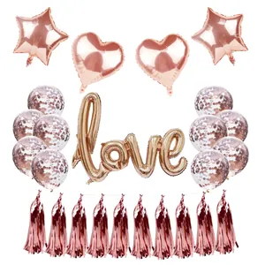 Set palloncini oro rosa con scritta love, cuori, stelle e nappe metallizzate