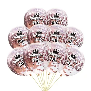 Set of clear birthday balloons with rose gold confetti and printed ages from 16 to 80
