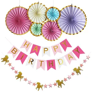 Eenhoorn Verjaardagsfeest Decoratie Set Papieren Waaiers Happy Birthday Banner Ster Slingers Ballonnen Voor Meisjes