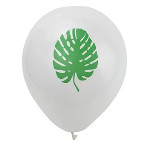 White latex party balloon with vibrant green tropical monstera leaf print on a white background