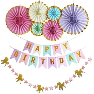 Eenhoorn Happy Birthday decoratieset met papieren waaiers en kleurrijke banner