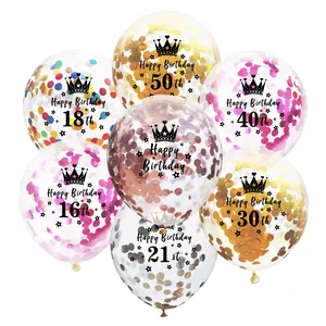 Detailed view of clear confetti balloons with Happy Birthday age text and colorful sequins