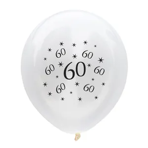 Close-up of 12 inch latex balloon with black number 60 and star patterns for birthday