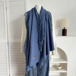 Gros plan d'une écharpe bleue à franges avec texture cachemire sur mannequin en intérieur