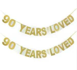 Pancarta dorada 90 YEARS LOVED con purpurina para decoración de cumpleaños y aniversarios