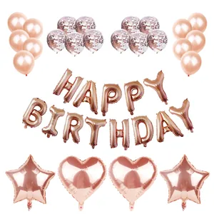 Dettaglio del set di palloncini Happy Birthday oro rosa con palloncini di coriandoli