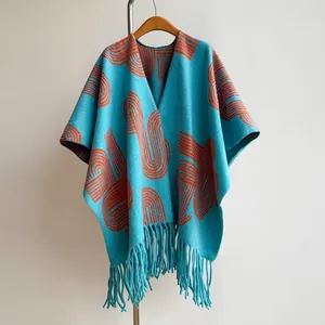 Ethnic Geometric Tassel Poncho Shawl For Women Cashmere Like Warm Scarf Wrap Travel Office Winter Fashion Knit Cape