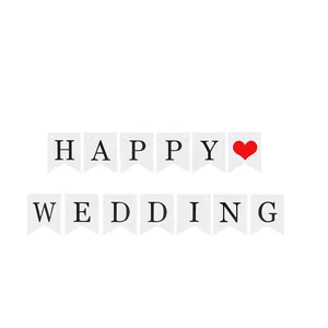 Banderole blanche avec texte Happy Wedding noir et cœur rouge pour décoration de mariage