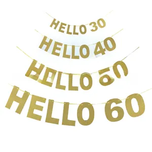 Pancartas Hello 30 40 50 60 en purpurina dorada para cumpleaños y aniversarios