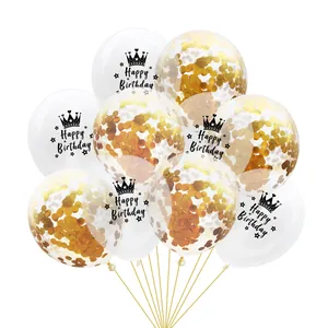 Detail of transparent confetti balloons and white Happy Birthday latex balloons bundle
