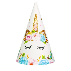 Cappelli per Feste di Compleanno Unicorno Bianchi di Carta a Cono Con Corno Glitterato Dorato Design Cartone per Bambini