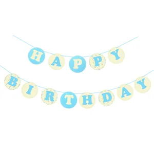 Blue and beige round paper banner featuring Happy Birthday text for party decoration