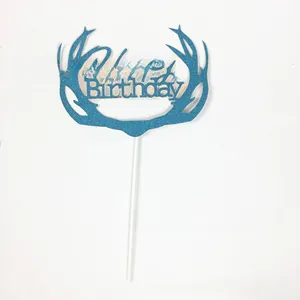 Blue glitter reindeer antler cake topper with Happy Birthday cutout for party decor