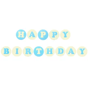 Detailed view of blue and beige round paper cards with bold Happy Birthday letters