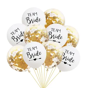 Detail of Team Bride latex balloons and transparent gold confetti balloons set