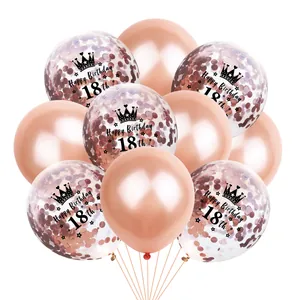 Detail von roségoldenen Ballons zum 18. Geburtstag mit Kronendruck und Pailletten