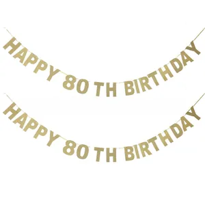 Pancarta dorada brillante Happy 80th Birthday con cuerda para decoración fiesta cumpleaños