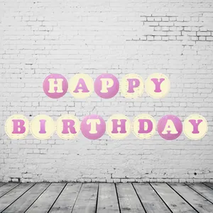 Pink and cream happy birthday banner with round letter cards for party decoration