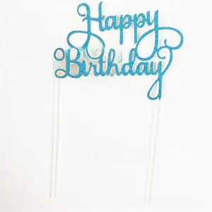 Sparkling blue glitter Happy Birthday cake topper decoration with plastic sticks