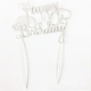 Close-up of silver glitter Happy Birthday cake topper with elegant script and dual sticks