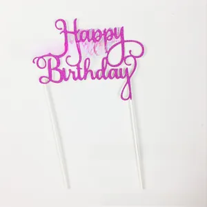 Detail of rose red glitter Happy Birthday cake topper with sparkling finish and stems