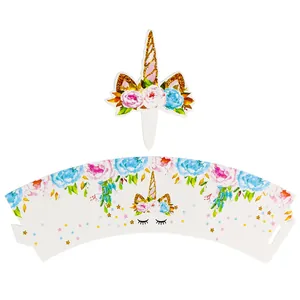Unicorn cake topper and cupcake wrapper set with gold glitter horn and floral detail