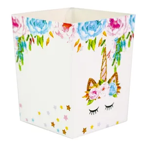 Unicorn themed white cardboard popcorn snack boxes with gold stars for party decor