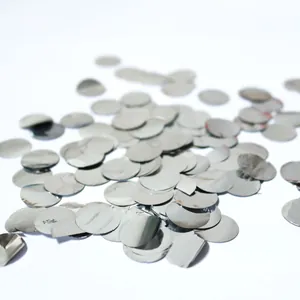 Close-up of 1.5cm round silver metallic sequins with reflective mirror surface finish