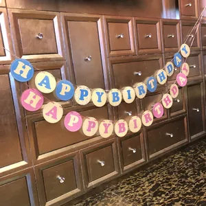 Happy Birthday Round Paper Banner Bunting Garland Macaron Pink Blue Polka Dot Decoration For Kids Birthday Party Room Decor