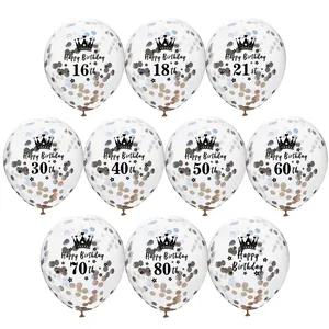 Detailed set of clear balloons with gold and blue confetti and Happy Birthday text