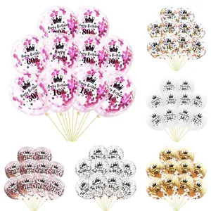 Set of transparent latex confetti balloons with Happy Birthday print and age numbers