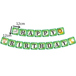 Banderole Happy Birthday animaux de la jungle avec lion et girafe en dessin animé