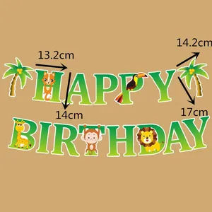 Jungle animal birthday banner dimensions showing cartoon giraffe and lion cardstock pieces