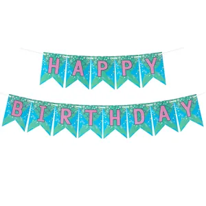 Detail of Mermaid Happy Birthday banner with teal scales and pink lettering