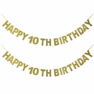 Glitter gold Happy 10th Birthday banner set with two pieces for party wall decoration