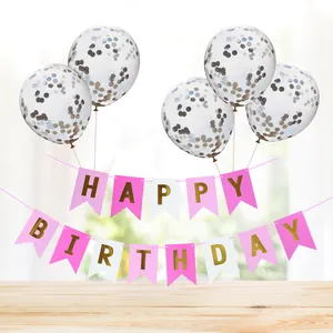 Pink Happy Birthday banner with gold lettering and sparkling confetti balloons set