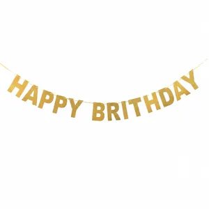 Glittery gold Happy Birthday banner for party decorations on a clean white background