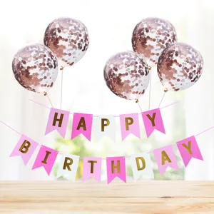 Pink Happy Birthday banner set with five rose gold confetti balloons for party decor