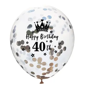 Detailed view of clear 40th birthday confetti balloon with gold sequins and black print