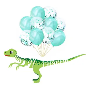 Détail de ballons vert menthe et bannière dinosaure HAPPY BIRTHDAY pour fête d'enfants