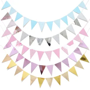 Colorful party bunting banners in blue silver pink and gold glitter with herringbone patterns