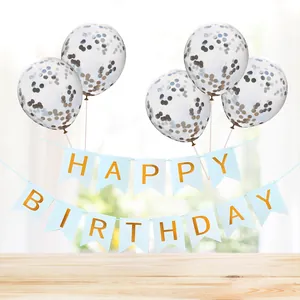 Blue Happy Birthday banner with gold letters and gold sequin balloons for party decor