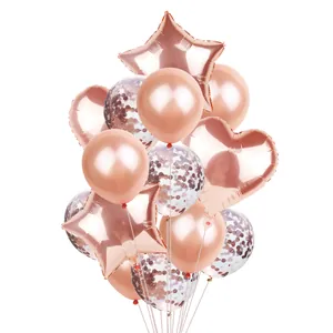Rose gold party balloon set with heart and star foil balloons and confetti latex balloons