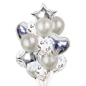 Silver party balloon set with star and heart shapes plus confetti filled latex balloons