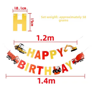 Construction vehicle happy birthday banner set with truck cutouts and size details