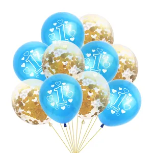 Détail de ballons bleus 1er anniversaire avec ballons confettis dorés pour déco de fête