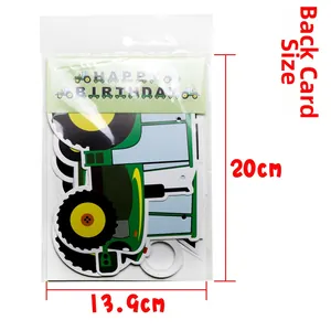 Detail of tractor birthday banner packaging with back card size 13.9cm x 20cm
