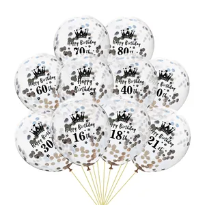 Transparent confetti birthday balloons with gold sparkles and age prints in black and gold